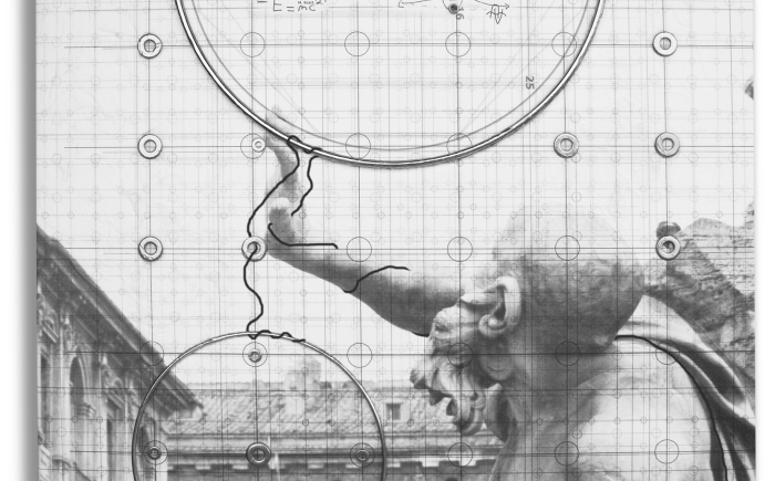 Teoria del tutto, 2025, tecnica mista, disegno, fotografia, pittura, acciaio su tela pregiata 50 x 70 cm