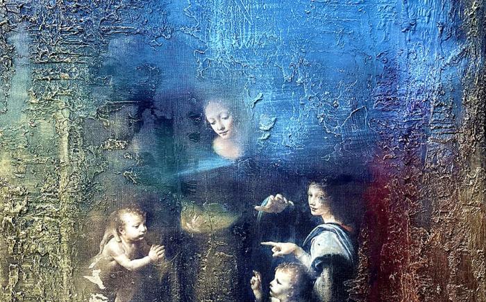 VERGINE AZZURRA, 2024, tecnica mista, acrilico su tela, 70 x 100 cm