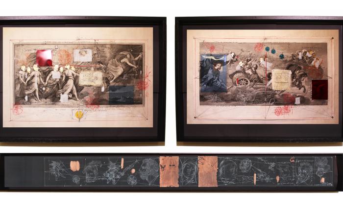 Aurora, 2018, matite, inchiostro, biacca, mylar e oro 24k, su incisioni originali del XVIII secolo, cm 70x100x12 ciascuna, e libro d'artista, cm 25x190
