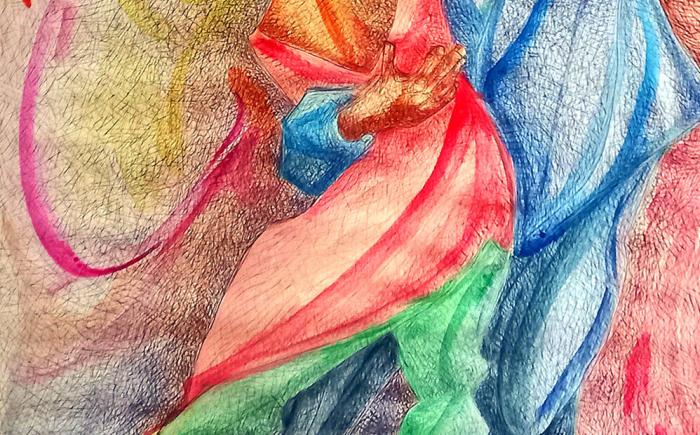 Momento di tango, 2024,  Penna su Carta, Altro tipo di supporto sotto vetro, 69x50cm