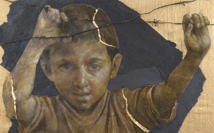 Innocente, 2025, collage e tecnica mista su tela, 100x100cm