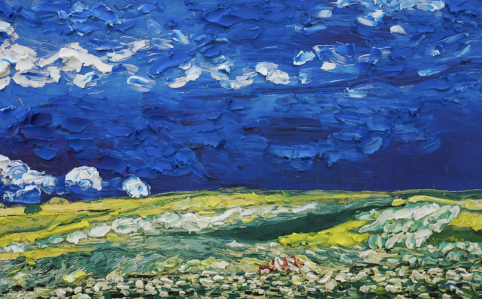 Campo di grano sotto cielo nuvoloso, 2016, pongo su poster 96x47x2 cm