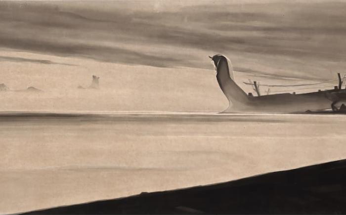 La nave salpa dalla serie visioni del Circeo, 1921-1922, china acquarellata su cart6a, 18,5x47cm