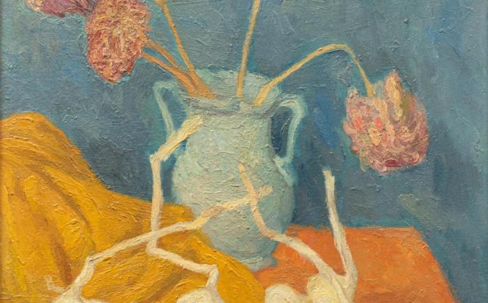 Natura morta con fiori e aglio, olio su tavola, 47x55cm