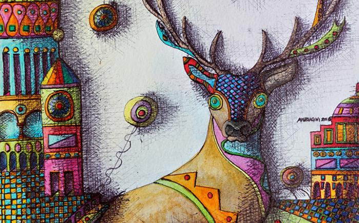 CERVO, acquarello, grafite, biro su carta apposita 20x30 cm