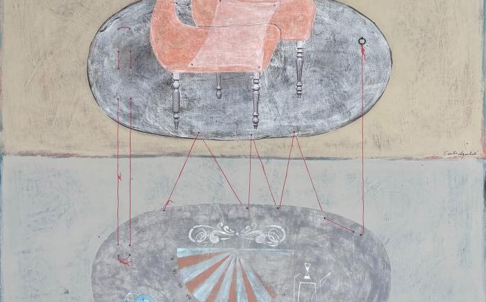 È ora di partire, 2023, acrilico su tavola di legno 70 x 70 cm