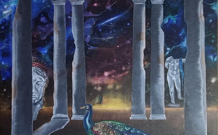 Giunone e il suo pavone, tecnica mista su tela, 100x100 cm