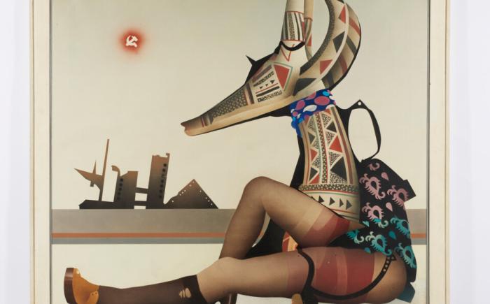 Ragazza scultura e paesaggio, 1975, olio su tela, 170.0 x 170.0 cm