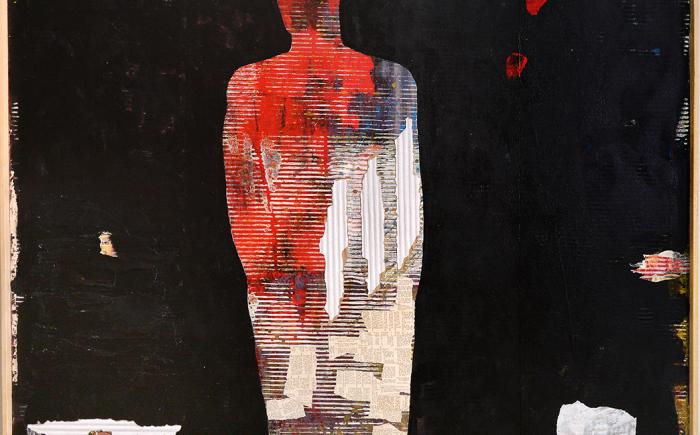 Archeologo, 2019, tecnica mista con inserimenti di catrame e carte povere 150x150 cm