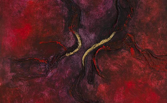 El Gran Rojo, 2024, tecnica mista su tela, foglia oro 23kt 90 x 90 cm