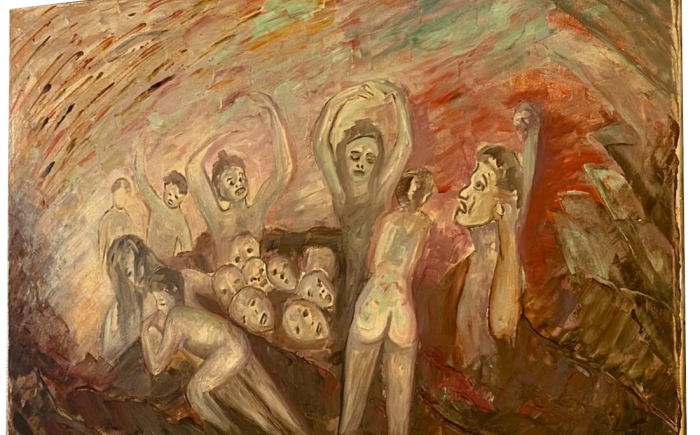 I dannati, olio su tela, 100x70cm, € 9.000. Dall'inferno di Dante, il tormento dei dannati attanaglia il fruitore con le proprie grida di dolore, che diventano follia
