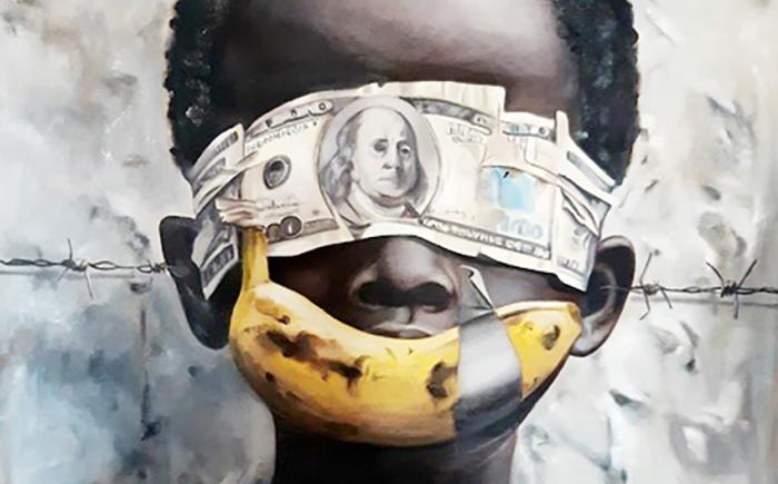 Il testimone Silenzioso, 2025, olio su tela, 92 x 100 cm - IL TESTIMONE SILENTE Occhi bendati da pergamene e potere, sogni sepolti sotto veli d'oblio. Orecchie ferite da lame di ferro, voce recisa, strozzata dal filo. Sulle labbra, un sorriso stonato, beffa d’oro, promessa tradita.