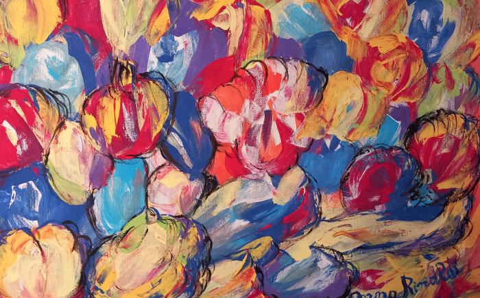 La bellezza della terra fertile d'amore - “Raccolta di frutti odorosi di sole e di mare di Sicilia”, 2024, tempera su tela 70 x 50 cm
