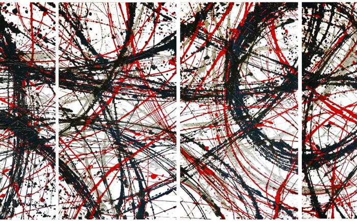 Tetrattico, 1997, vernici, sabbia, vetro su faesite 160 x 90 x 4 cm
