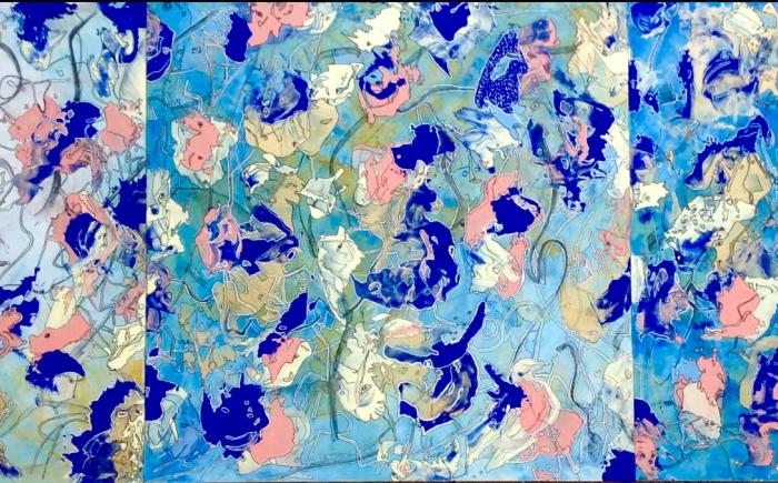 Manipolazioni, trittico, 2021, acrilico su pannello legnoso 150x 50 cm ( 50x50 cadauno)