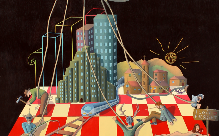 Il grande burattinaio, 2012, acrilico e pirografo su tavola 70 x 90 cm