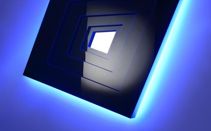 Deep Space, 2014, Cristallo nero, specchio e neon blu, cm 120 x 150 x 25