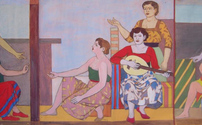 Pompeo Borra, Concerto tra amiche, 1954-1955 (trittico), tempera su carta, cm 144,5x327,5. Collezione privata