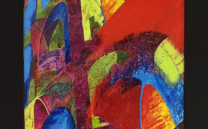San Patrizio, tecnica mista su plexiglass 110 x 170 x 4 cm - Il dipinto, con i suoi colori sfumati e brillanti che si fondono tra le arcate, prende il nome dal pozzo di Orvieto, il Pozzo di San Patrizio, ed è stato l'immagine ufficiale della 28a edizione dell'Umbria Jazz Winter International Festival.