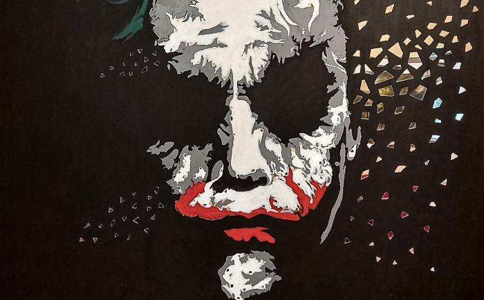 Smile in the Shadows, 2025, colori acrilici su tela, specchi 100 x 150 cm