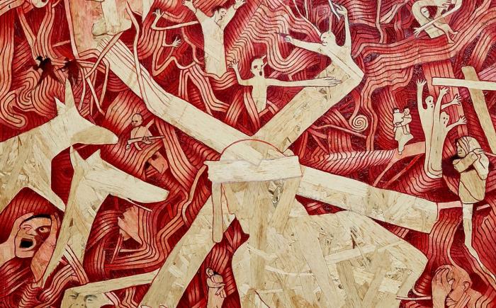 Stop war, 2024, tempera e olio su tavola OSB, 63,5 x 85 cm, € 2.000. Partendo dal Cristo che si intravedeva sulla tavola OSB (formato dalle schegge del legno), ho disegnato tutta la sequenza di, sfollati, soldati in guerra et cetera.  Due le citazioni importanti: 1 il contadino del Goya; 2 Il simbolo di pace di Gerald Holtom e la ricostruzione di come suddetto simbolo è nato.
