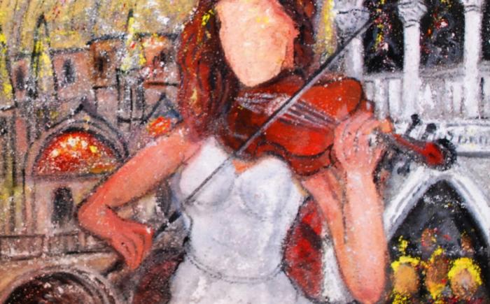 Violinista in San Marco Venezia, 2021, olio e oro su tela sabbiata 50x70 cm