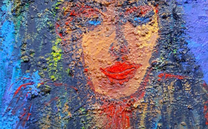 Viso di donna abitante nel borgo dei pescatori. Corricella, dipinto con l'uso di colori acrilici e rifinito con vernice marina, 50 x 70 cm