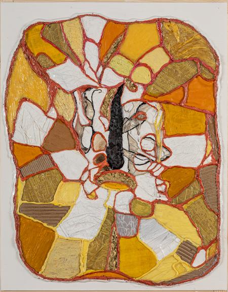 Serie le Grottesche  n.ro 4 giallo, 2025, stoffe, tele, plastica, cartone, papiro, carta, filo metallico, smalti e acrilico in tecnica mista, su plastonda bianca 45,20 x 57,70 cm