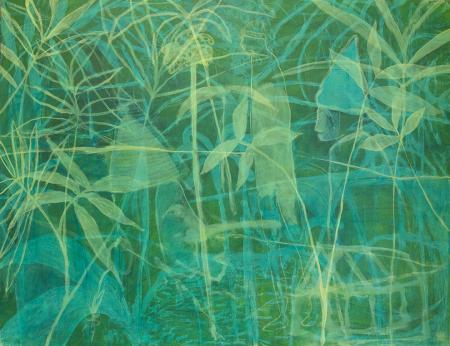 Paesaggio con figure, acrilico su tela di lino, 480 x 140 cm
