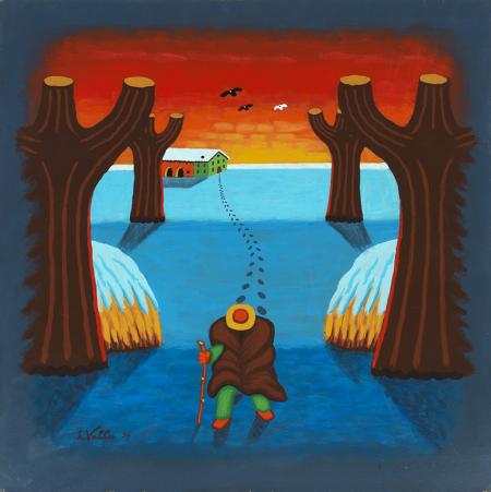 SOLITARIO CON TABARRO, 1996, acrilico su faesite, 50x50 cm