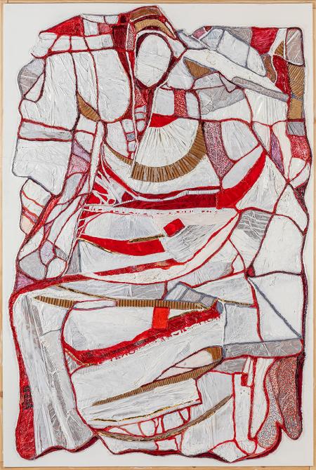 Serie  Madonne Fiorentine  il ballo della principessa, 2025, plastiche varie, cartone, carta dorata, stoffe, filo metallico, smalti e acrilico in tecnica mista, su plastonda bianca 102,8 x 153,7 cm