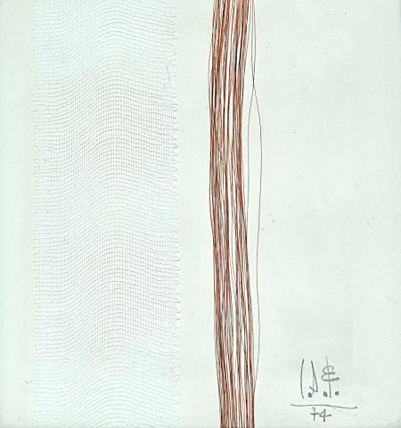Paura di avere paura, 1974, collage, garza, fili di rame su carta 16,5 x 16 cm