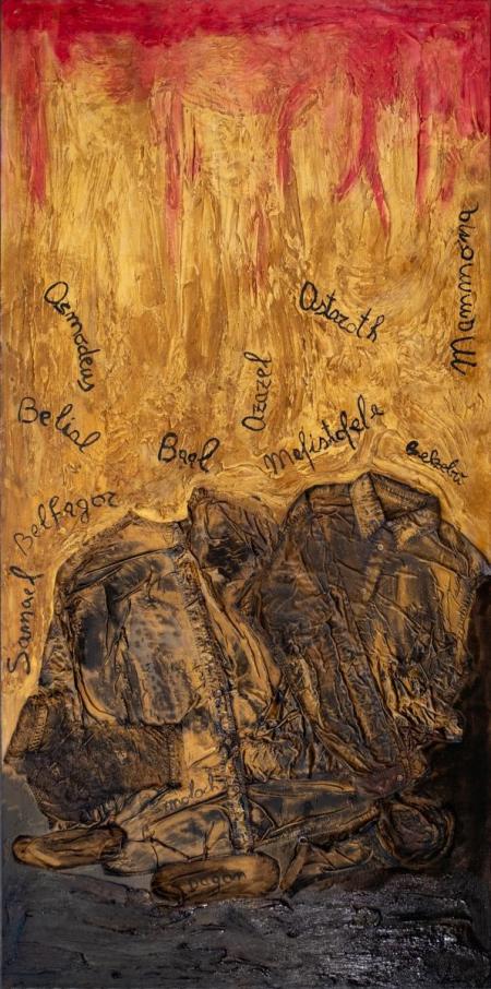 Angeli caduti, omaggio ad Anselm Kiefer, 2025, polimaterico su tela, olio, bitume, stoffe 100 x 200 cm