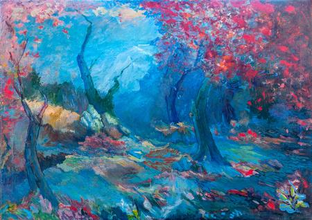 Bosco di alberi blu, Serie Fronde Rosse, 2000, olio su tela, 70 x 100 cm