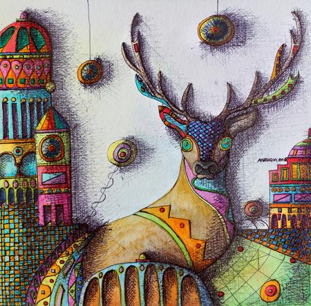 CERVO, acquarello, grafite, biro su carta apposita 20x30 cm