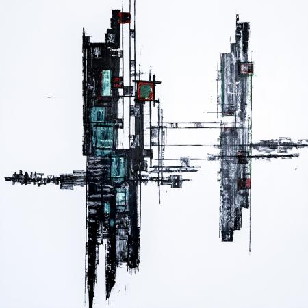 Costruzioni Contemporanee n°72, 2024, smalti, ossidi e carta 180 x 180 x 3 cm