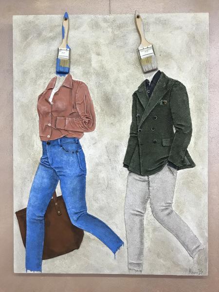 Dinamici, 2025, collage di juta con materiali di riciclo e tecnica mista su tela, 75x100x4 cm