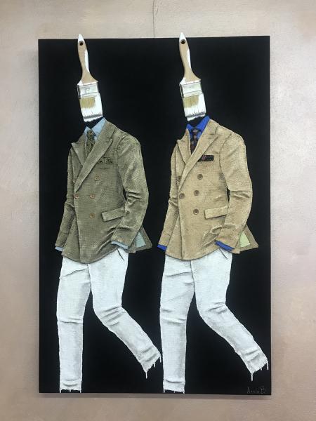 Doppio, 2024, collage di juta con materiali di riciclo e tecnica mista su tela, 65x100x4 cm