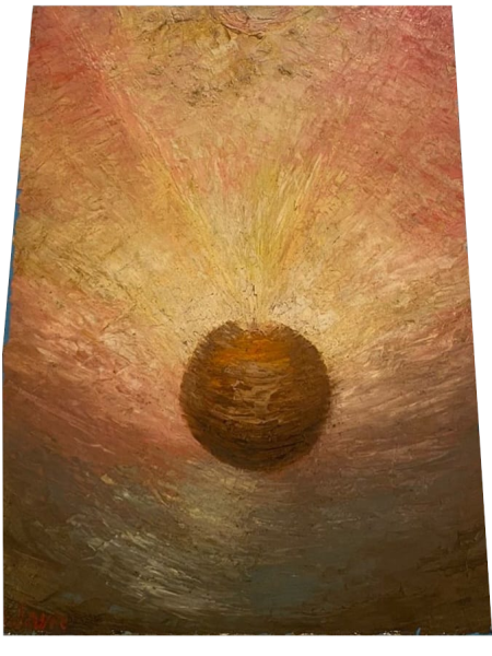 Il mondo, olio su tela, 50x70cm, € 8.000. Dal centro del mondo alla sua periferia, un'esplosione di magmatica energia ci avvolge portandoci lontano.