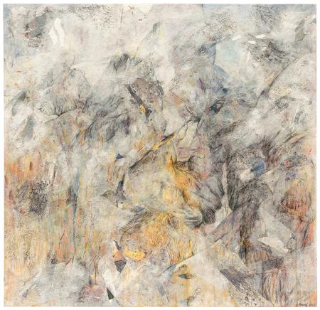 Il sole nella nebbia, 2024, tecnica mista su carta applicata su MDF, 90 x 90 cm