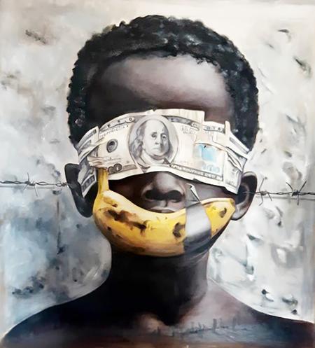 Il testimone Silenzioso, 2025, olio su tela, 92 x 100 cm - IL TESTIMONE SILENTE Occhi bendati da pergamene e potere, sogni sepolti sotto veli d'oblio. Orecchie ferite da lame di ferro, voce recisa, strozzata dal filo. Sulle labbra, un sorriso stonato, beffa d’oro, promessa tradita.