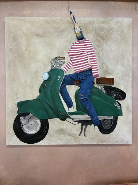 Lambretta del nonno, 2025, collage di juta con materiali di riciclo e tecnica mista su tela, 100x100x4 cm
