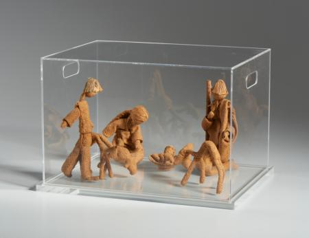 Presepe anni '80, tela di juta, legno, filo, 25.5 x 40.0 x 30.0 cm