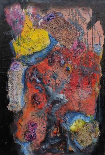 Orange, 2021, fluid art, stucco, materiali vari di riciclo 80 x 100 x 2 cm