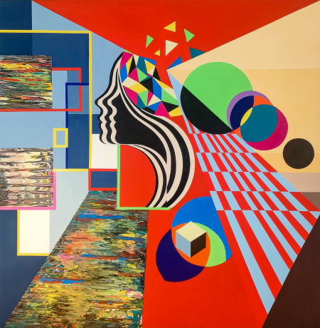 Psiche, il dado ri-tratto e le prospettive altre, 2023, acrilico su tela, 80 x 80 cm