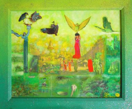 Shangri-La, 2012, olio su tela e collage, 50 x 40 cm