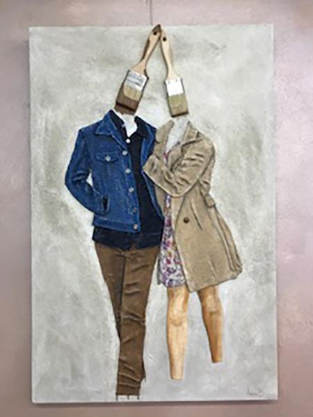 Soddisfazione, 2024, collage di juta con materiali di riciclo e tecnica mista su tela, 65x100x4 cm