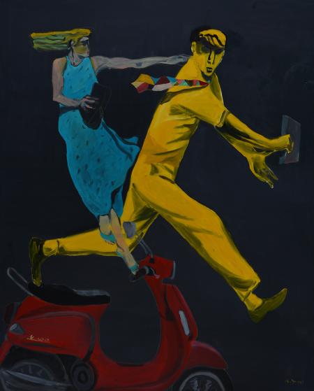 Vespa rossa, 2023, olio su tela, 165x200 cm