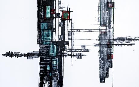 Costruzioni Contemporanee n°72, 2024, smalti, ossidi e carta 180 x 180 x 3 cm