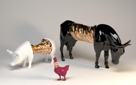 Paradise Farm, serie di Sculture-serie di Sculture digitali NFT, Cow 230x130x75 cm; Pig 100x85x50 cm; Chicken 40x60x25 cm